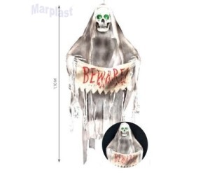 HALLOWEEN FANTASMA COM BANNER BEWARE 110CM COM SOM E LUZ 