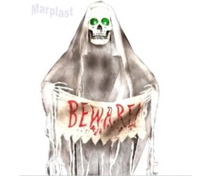 HALLOWEEN FANTASMA COM BANNER BEWARE 110CM COM SOM E LUZ 