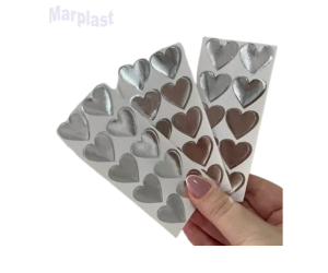 ETIQUETA SELO CORAÇÃO PRATA MAGIA - 1 PACOTE C/100 ADESIVOS