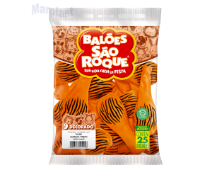 BALÃO SÃO ROQUE 9 C/25 UNIDADES - SAFARI TIGRE LARANJA MANDARIM /PRETO